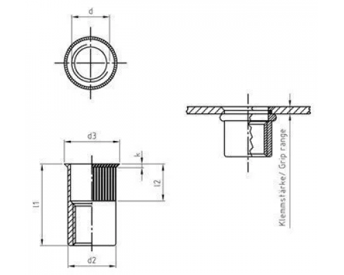 Заклепка-гайка резьбовая с уменьшенной потайной головкой и насечками ART 1021 (A2), M6x14.6 мм