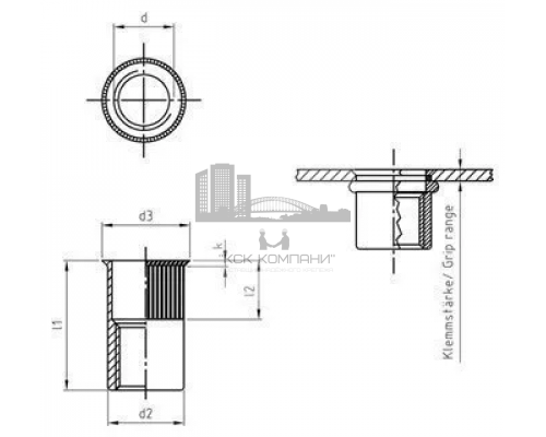 Заклепка-гайка резьбовая с уменьшенной потайной головкой и насечками ART 1021 (A2), M8x16 мм