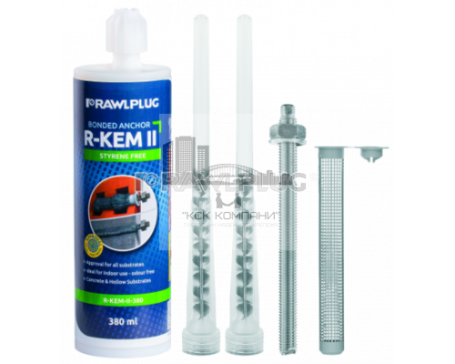 Химический клеевой анкер RAWLPLUG (РАВПЛАГ) R-KEM-II-175-SET без стирола набор с анкерными шпильками и пластиковыми гильзами для применения в бетоне и
