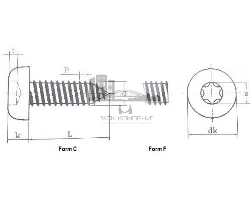 Винт самонарезающий ISO 14585 (A4) с острым концом с полуцилиндрической головкой шлиц Torx, D6,3X22