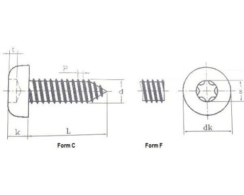 Винт самонарезающий ISO 14585 (A2) с острым концом с полуцилиндрической головкой шлиц Torx, D5,5X25