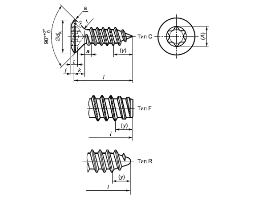 Винт самонарезающий ISO 14586 (A2) с острым концом с потайной головкой шлиц Torx, D3,9X22