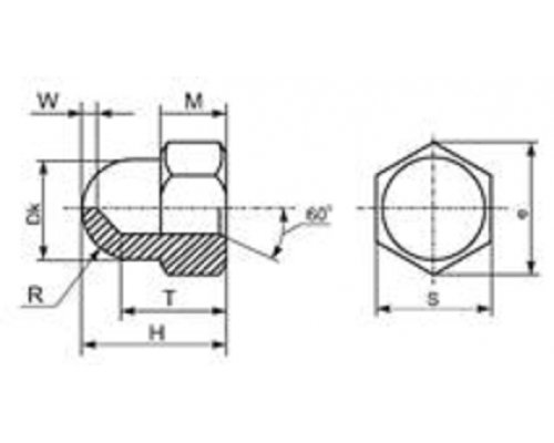 Гайка колпачковая DIN 1587 высокая шестигранная оцинкованная сталь класс прочности 8.0, M5
