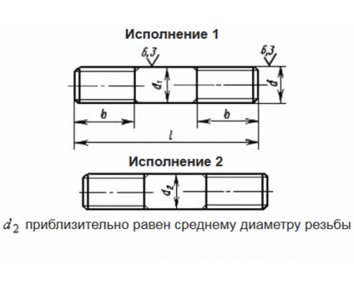 Шпилька с одинаковыми диаметрами резьбы и гладкой части без покрытия ГОСТ 22042-76 тип 1 класс точности B для деталей с гладкими отверстиями, M16x