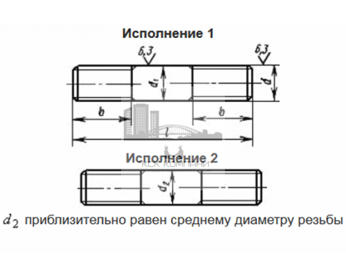Шпилька с одинаковыми диаметрами резьбы и гладкой части без покрытия ГОСТ 22042-76 тип 1 класс точности B для деталей с гладкими отверстиями, M20x