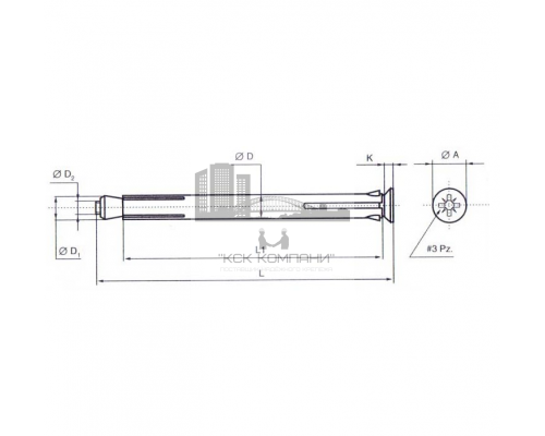 Анкер рамный с потайной головкой из оцинкованной стали с желтопассированным покрытием, M6 10x202 мм