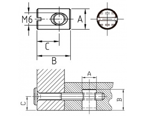Гайка Бочонок 418 A0 с одним резьбовым отверстием и прямым шлицем оцинкованная сталь, M6/10x14x8 мм