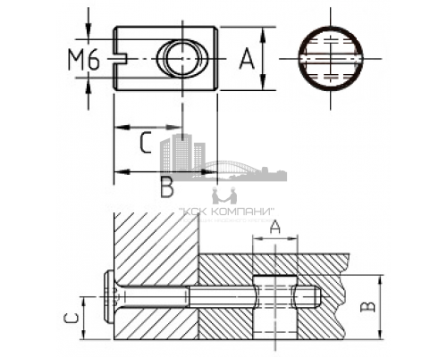 Гайка Бочонок 418 A0 с одним резьбовым отверстием и прямым шлицем оцинкованная сталь, M6/10x20x10 мм