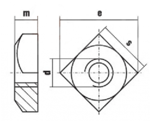 Гайка квадратная с фаской DIN 557 класс точности С оцинкованная сталь класс прочности 5, M6