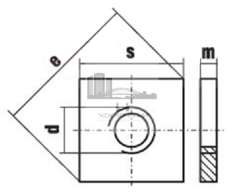 Гайка квадратная низкая DIN 562 класс точности В оцинкованная сталь класс прочности 17H, M6
