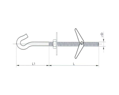 Дюбель складной пружинный с крючком оцинкованная сталь класс прочности 4.6-5.8, M5 16x100 мм