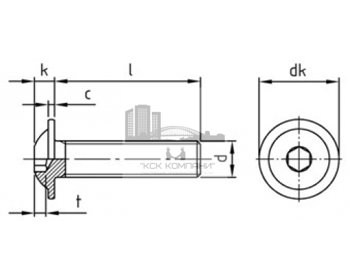 Винт ISO 7380-2 тип ULF с полукруглой головкой с фланцем и внутренним шестигранником оцинкованная сталь класс прочности 10.9, M6x16 мм