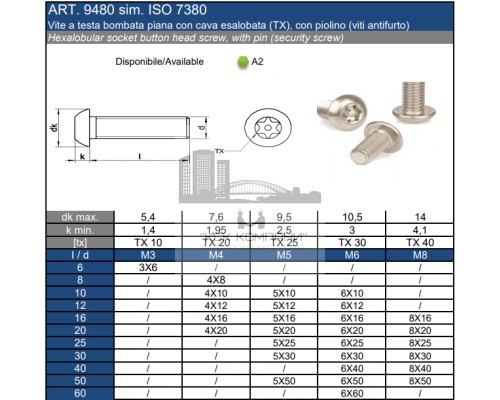 Винт антивандальный ISO 7380 (A2) с полукруглой головкой со штифтом шлиц Security Torx, M4X20