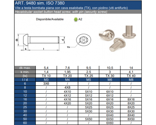 Винт антивандальный ISO 7380 (A2) с полукруглой головкой со штифтом шлиц Security Torx, M8X25