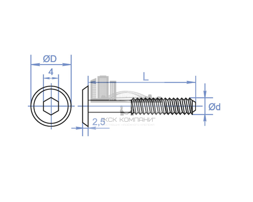 Винт мебельный латунный VM 7420 ЛАТ с плоской головкой и внутренним шестигранником, M6x60 мм