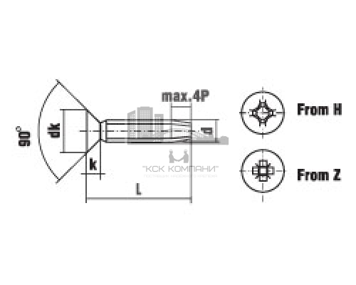 Винт резьбовыдавливающий TAPTITE DIN 7500M с потайной головкой и полной резьбой шлиц Pozidriv оцинкованная сталь 4.8-5.8, M3x8 мм  — Винты резьбовыдавливающие и резьбонарезающие