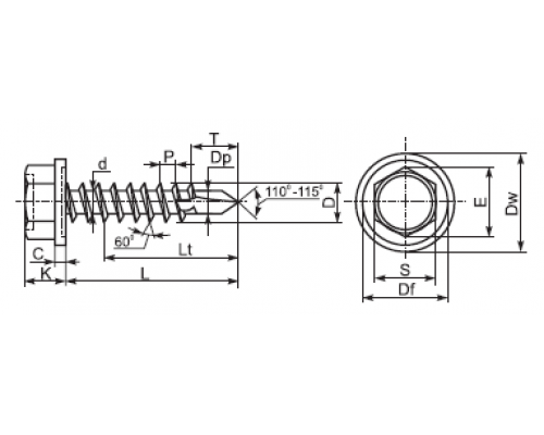 Винт самонарезающий сверлоконечный DIN 7504 K (A2) с шестигранной головкой с фланцем, D3.9x13