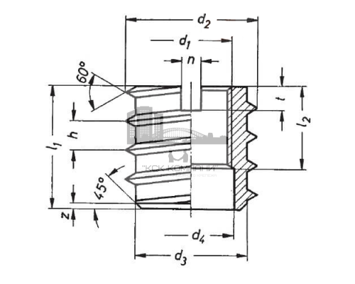 Муфта-гайка мебельная врезная DIN 7965 со шлицем с внутренней и внешней резьбой сталь без покрытия, M8x14x15 мм