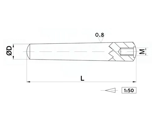 Штифт конический DIN 7978 стальной без покрытия внутренняя метрическая резьба на одной стороне, 8x40 мм