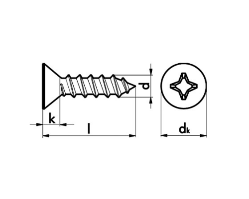 Винт самонарезающий DIN 7982 Z (A2) с острым концом с потайной головкой шлиц Pozidriv, D4,2X22
