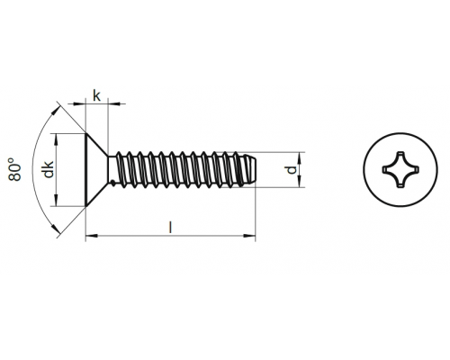 Винт самонарезающий DIN 7982 F (A2) с тупым концом с потайной головкой шлиц Phillips, D4,2X13