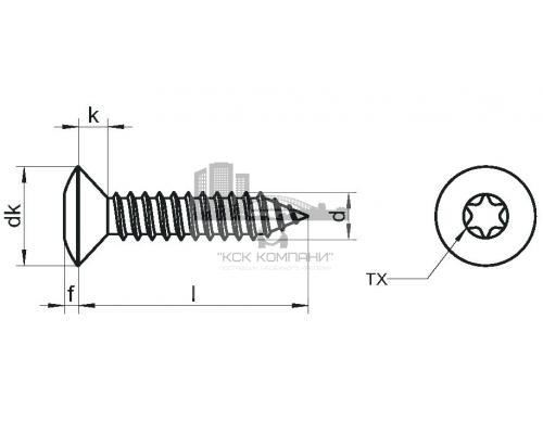 Винт самонарезающий DIN 7983 TX (A2) с острым концом с полупотайной головкой шлиц Torx, D4,8X25