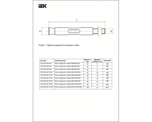 Анкерный болт IEK с гайкой оцинкованная сталь, M10x50 мм  купить в Москве
