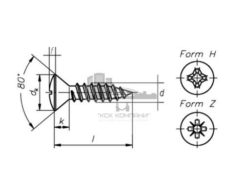 Винт самонарезающий DIN 7983 H (A4) с острым концом с полупотайной головкой шлиц Phillips, D4,8X19