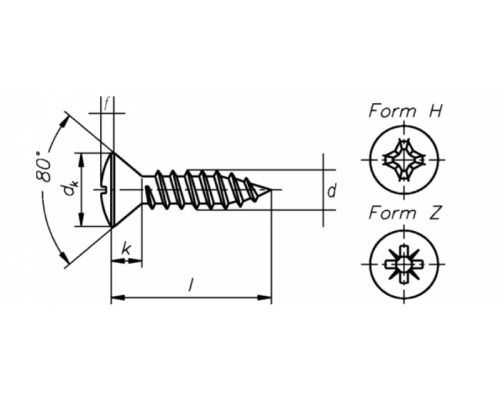 Винт самонарезающий DIN 7983 H (A4) с острым концом с полупотайной головкой шлиц Phillips, D2,9X16