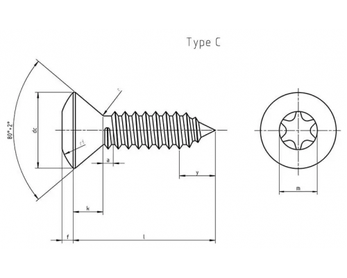 Винт самонарезающий DIN 7982 TX (A4) с острым концом с потайной головкой шлиц Torx, D3,9X38