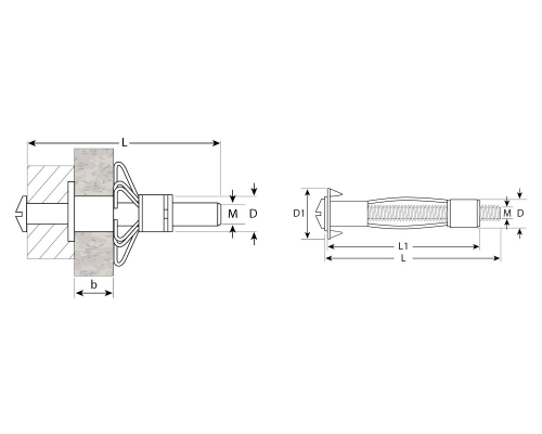 Дюбель Молли (Molly) с винтом для пустотелых конструкций оцинкованная сталь C1010, М6x10x52/16 мм