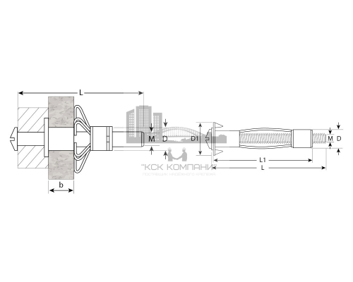 Дюбель Молли (Molly) с винтом для пустотелых конструкций оцинкованная сталь C1010, М4x6x54/27 мм
