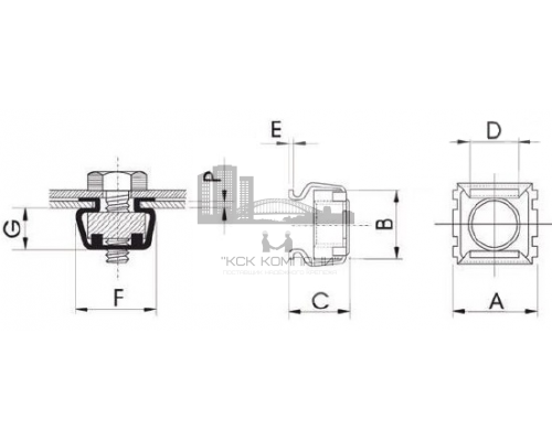 Гайка закладная кузовная (клетевая) для установки в квадратное отверстие оцинкованная сталь класс прочности 6.0, M8 (0.7-1.7) / 12.3x12.3 мм