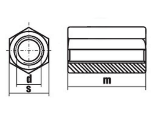 Гайка-втулка соединительная DIN 6334 шестигранная удлиненная оцинкованная сталь класс прочности 8.0, M16х48 мм