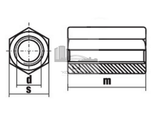 Гайка-втулка соединительная DIN 6334 шестигранная удлиненная оцинкованная сталь класс прочности 8.0, M20х60 мм