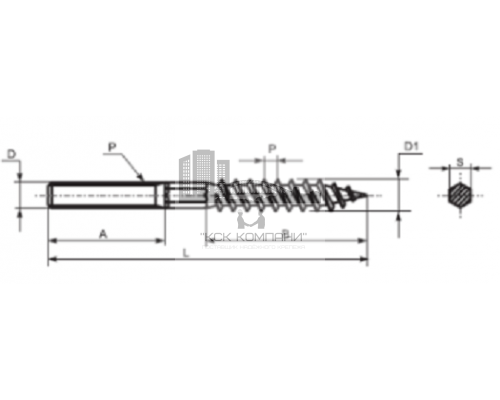 Шуруп-шпилька сантехническая с шестигранником под ключ (SW) (оцинкованная сталь), M8x160 мм