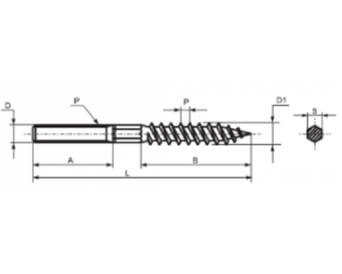Шуруп-шпилька сантехническая с шестигранником под ключ (SW) (оцинкованная сталь), M10x100 мм