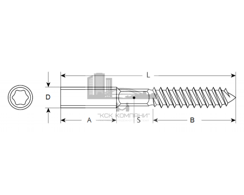 Шуруп-шпилька сантехническая с шлицем TORX и шестигранником под ключ (SW) (оцинкованная сталь), M6x80 мм