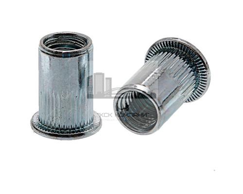 Заклепка гаечная с насечками цилиндрическая с внутренней резьбой и цилиндрическим бортиком из оцинкованной стали, M3x0.8x10.5 мм (0.5-2.5 мм)
