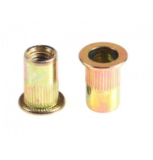 Заклепка гаечная с насечками цилиндрическая с внутренней резьбой и цилиндрическим бортиком (желтое пассивирование), M10x1.5x21 мм (1-5 мм)