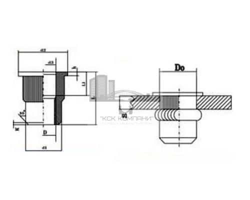 Заклепка гаечная с насечками цилиндрическая с внутренней резьбой и цилиндрическим бортиком из оцинкованной стали, M3x0.8x10.5 мм (0.5-2.5 мм)