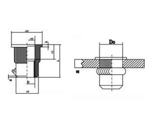 Заклепка гаечная с насечками цилиндрическая с внутренней резьбой и цилиндрическим бортиком (желтое пассивирование), M8x1.25x16 мм (0.8-4 мм)
