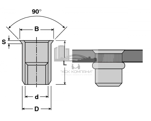 Заклепка гаечная с насечками цилиндрическая с внутренней резьбой и потайным бортиком (желтое пассивирование), M3x0.5x9 мм (0.5-1.5 мм)