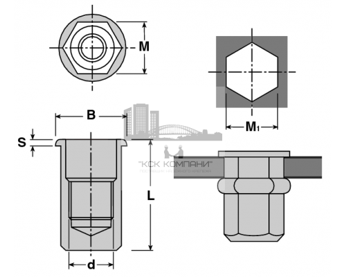 Заклепка гаечная шестигранная с цилиндрическим бортиком из оцинкованной стали, M6x1.5x13 мм (0.5-3 мм)