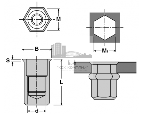 Заклепка гаечная шестигранная с уменьшенным бортиком из оцинкованной стали, M5x1x14 мм (0.5-3 мм)