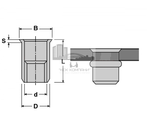 Заклепка-гайка резьбовая с уменьшенной потайной головкой и насечками ART 1021 (A2), M4x10.4 мм