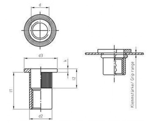 Заклепка М6х14.5мм Art. 1025 A2 нержавеющая с увеличенным цилиндрическим бортиком и насечками, резьбовая