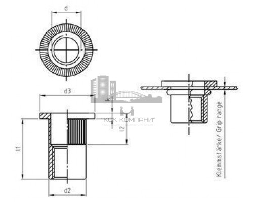 Заклепка М5х12мм Art. 1025 A4 нержавеющая с увеличенным цилиндрическим бортиком и насечками, резьбовая