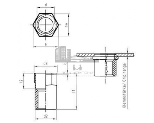 Заклепка М8х17мм Art. 1027 A4 нержавеющая с потайным уменьшенным бортиком, шестигранная, резьбовая