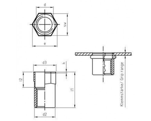 Заклепка М5х14мм Art. 1027 A4 нержавеющая с потайным уменьшенным бортиком, шестигранная, резьбовая